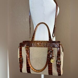 BRAHMIN Melbourne Collection “Vivian” Satchel in Pecan Croc & Tan Woven Canvas